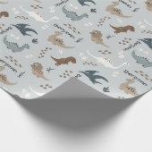 Cute Dinosaurs Footprints & Custom Name Light Blue ラッピングペーパー (角)