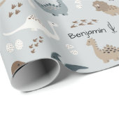 Cute Dinosaurs Footprints & Custom Name Light Blue ラッピングペーパー (ロールコーナー)