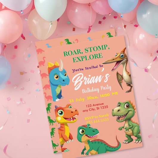Cute Dinosaurs roar Boy Birthday  Invitation 招待状