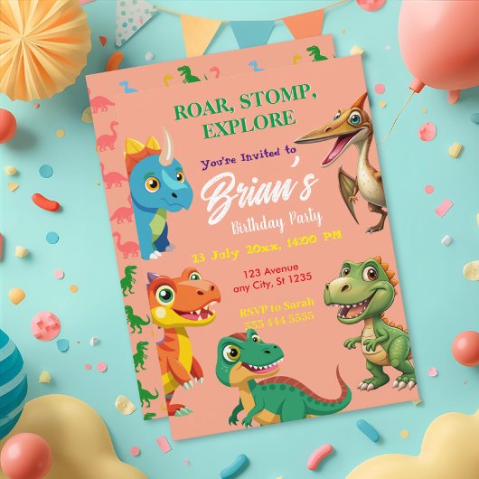 Cute Dinosaurs roar Boy Birthday  Invitation 招待状