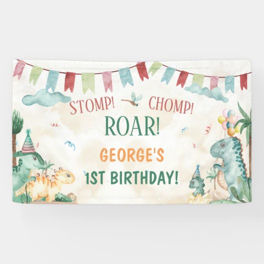 Cute Dinosaurs Stomp Chomp Roar Boy Birthday 横断幕 (横)