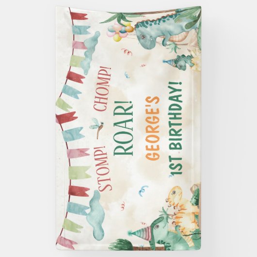 Cute Dinosaurs Stomp Chomp Roar Boy Birthday 横断幕 (縦)