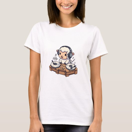 Cute DJ Sheep Wearing Headphones Mixing on Rustic Tシャツ (正面)