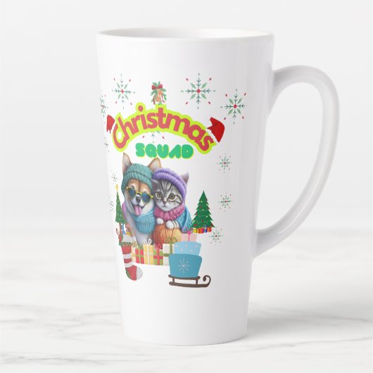 Cute dog and cat Christmas squad design カフェラテマグ (右)