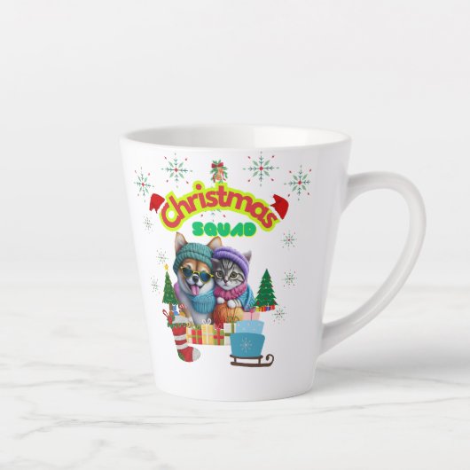 Cute dog and cat Christmas squad design  カフェラテマグ (右)