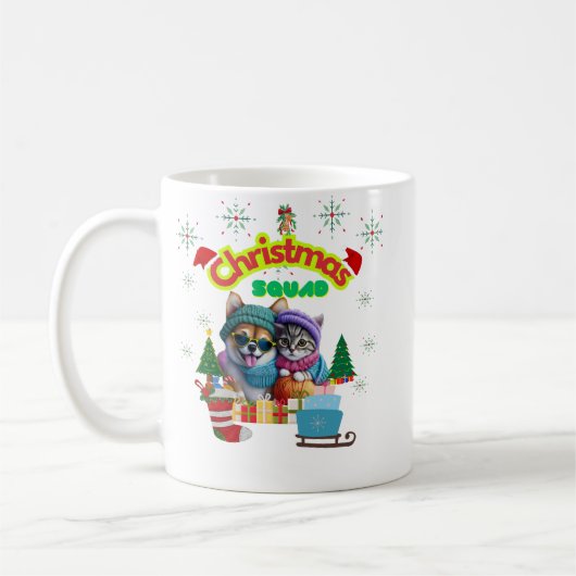 Cute dog and cat Christmas squad design  コーヒーマグカップ (左)
