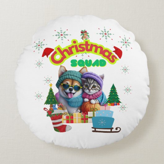 Cute dog and cat Christmas squad design  ラウンドクッション (正面)