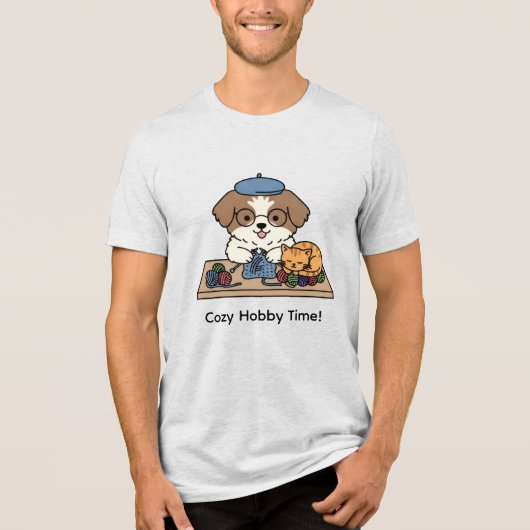 Cute Dog and Cat Knitting Together Graphic Design トライブレンドＴシャツ (正面)