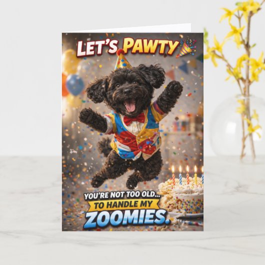 Cute Dog Birthday Card Funny Zoomies Cockapoo カード (黄色い花)