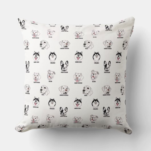 Cute Dog Breed Faces Pattern Throw Pillow クッション (正面)
