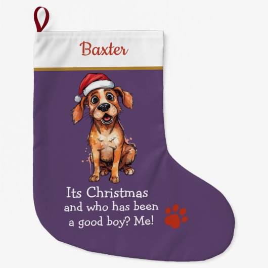 Cute Dog Christmas Stocking – with funny text ラージクリスマスストッキング (正面)