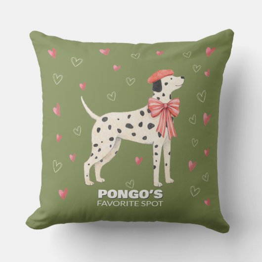 Cute Dog Dalmatian Bow Heart Sage Throw Pillow クッション (正面)