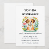 Cute Dog Floral Kids First Birthday  招待状 (正面/裏面)