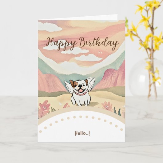 cute dog happy birthday カード (黄色い花)