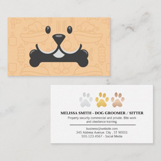 Cute Dog Holding Bone Logo | Groomers 名刺 (正面/裏面)