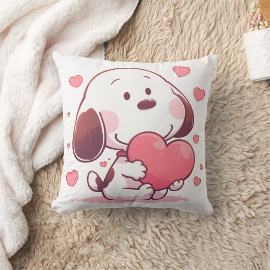 Cute Dog Holding Pink Heart クッション (ブランケット)