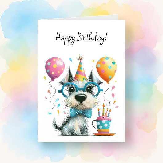 Cute Dog in Glasses and a Party Hat Birthday カード
