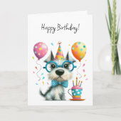 Cute Dog in Glasses and a Party Hat Birthday カード (正面)