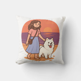 Cute Dog Mom Walking Fluffy Pup on Sunset Beach  クッション