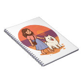 Cute Dog Mom Walking Fluffy Pup on Sunset Beach  ノートブック (右側)