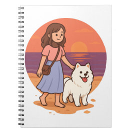 Cute Dog Mom Walking Fluffy Pup on Sunset Beach  ノートブック