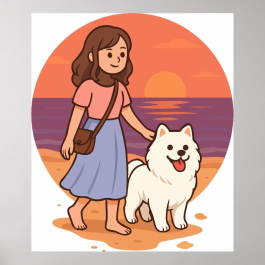 Cute Dog Mom Walking Fluffy Pup on Sunset Beach  ポスター (正面)