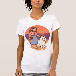 Cute Dog Mom Walking Fluffy Pup on Sunset Beach  Tシャツ