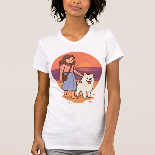 Cute Dog Mom Walking Fluffy Pup on Sunset Beach  Tシャツ (正面)