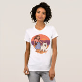Cute Dog Mom Walking Fluffy Pup on Sunset Beach  Tシャツ (正面フル)