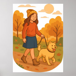 Cute Dog Mom Walking Pup in Cozy Forest  ポスター