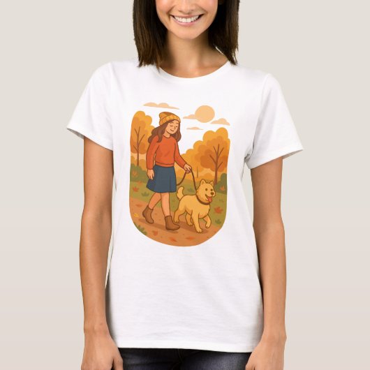 Cute Dog Mom Walking Pup in Cozy Forest Tシャツ (正面)