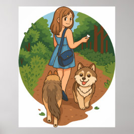 Cute Dog Mom Walking Puppies Forest Trail Illustra ポスター