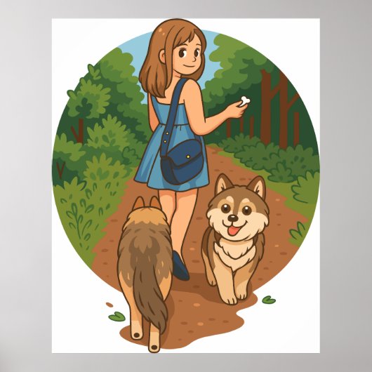 Cute Dog Mom Walking Puppies Forest Trail Illustra ポスター (正面)