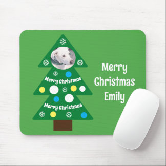 Cute Dog Photo in Colorful Christmas Tree Green マウスパッド