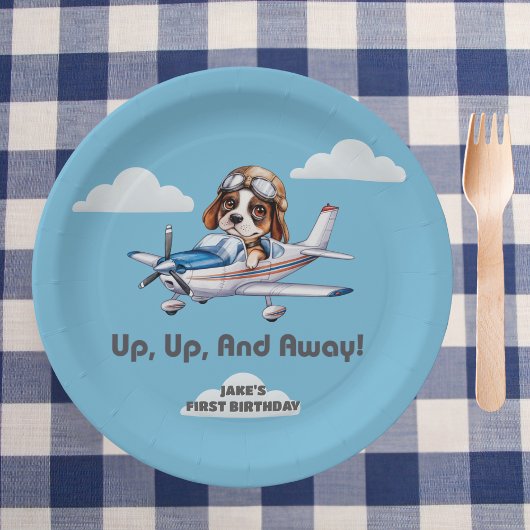 Cute Dog Pilot &Cessna Plane,Travel,First Birthday ペーパープレート