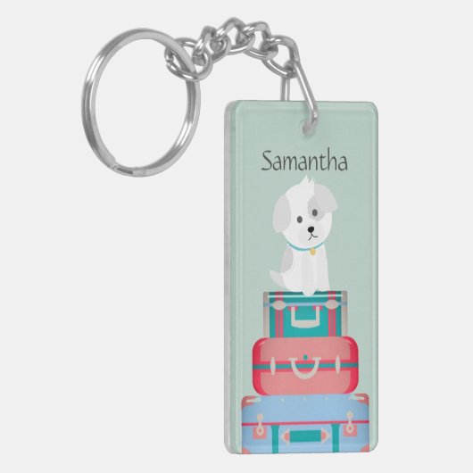 Cute Dog Sat on Suitcases Personalised キーホルダー (正面左)
