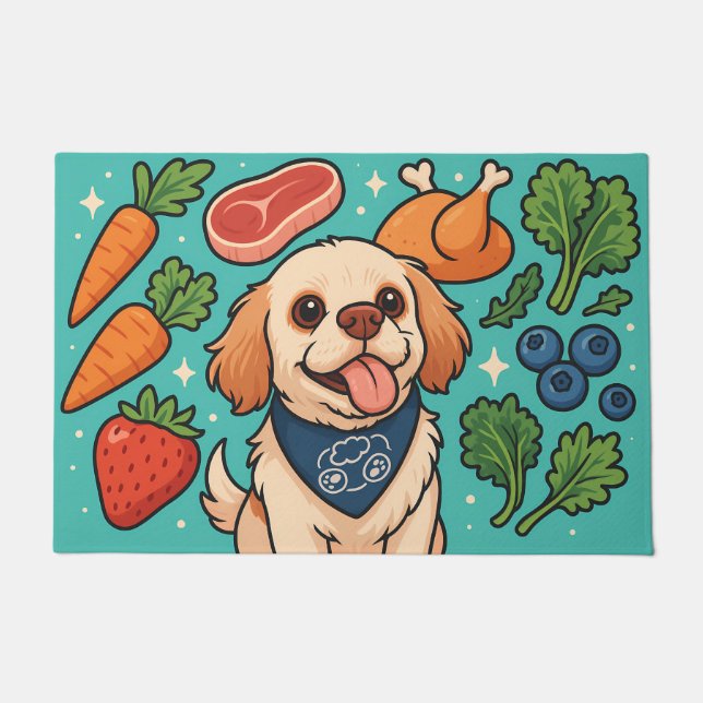 Cute Dog Surrounded by Fresh Whole Foods ドアマット (正面)