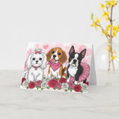 Cute Dog Trio Roses Valentine's Day Card - Pet Lov カード (黄色い花)