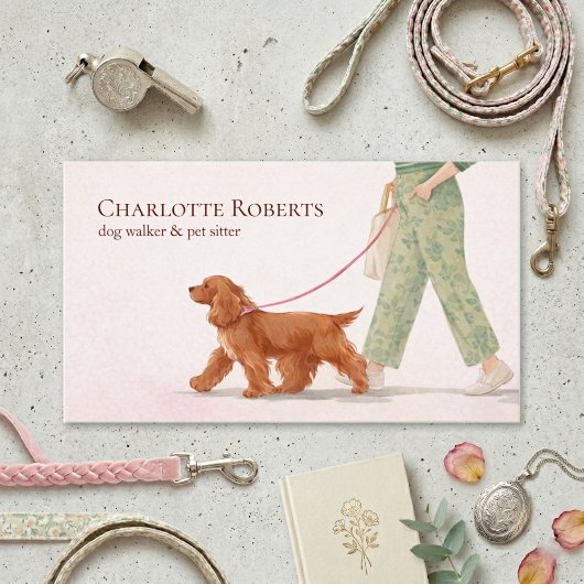 Cute Dog Walker Cocker Spaniel Pink Business Card 名刺