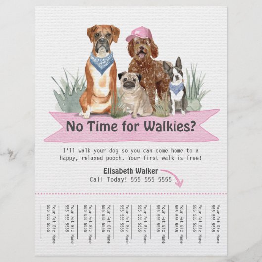 Cute Dog Walker Flyer Tear Sheet Pink Banner チラシ (正面)