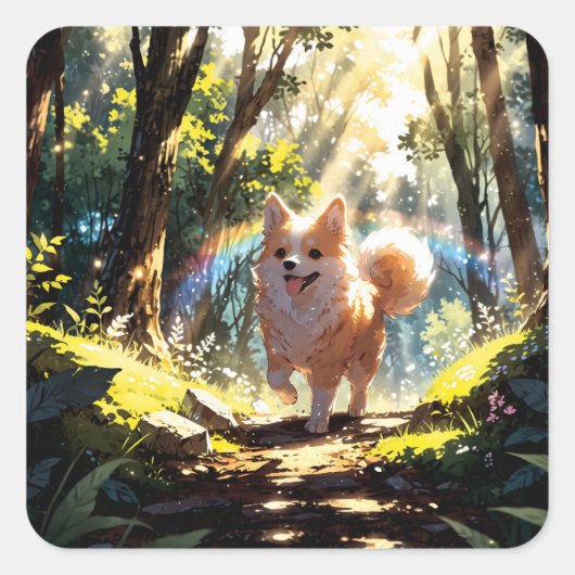 Cute dog walking in the forest スクエアシール (正面)