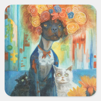 Cute dog with rose hat and friends stickers スクエアシール