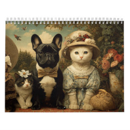 Cute Dogs and Cats Floral Garden Wall カレンダー