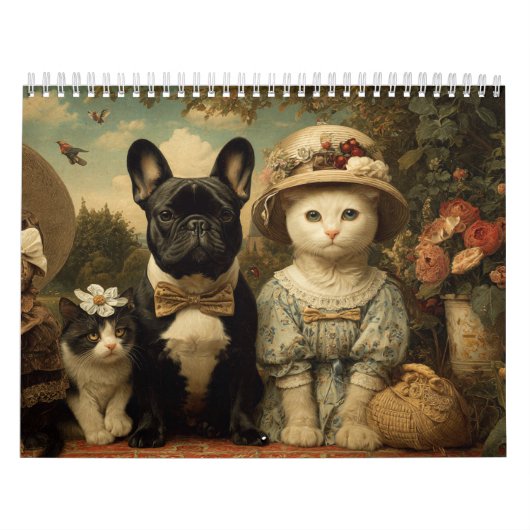 Cute Dogs and Cats Floral Garden Wall カレンダー (カバー)