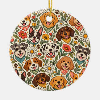 Cute Dogs and Colorful Floral Pattern セラミックオーナメント