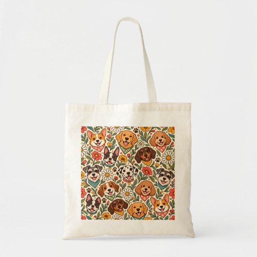 Cute Dogs and Colorful Floral Pattern トートバッグ (正面)