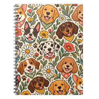 Cute Dogs and Colorful Floral Pattern ノートブック