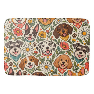 Cute Dogs and Colorful Floral Pattern バスマット