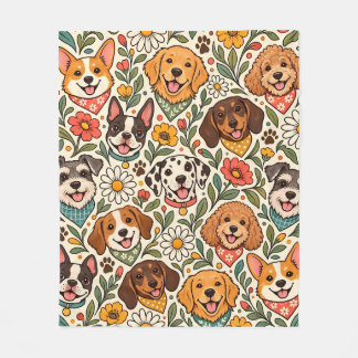 Cute Dogs and Colorful Floral Pattern フリースブランケット