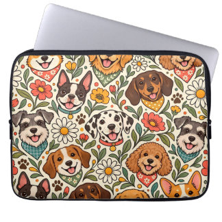 Cute Dogs and Colorful Floral Pattern ラップトップスリーブ